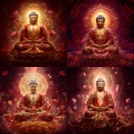 **Highly detailed digital painting of Amitabha Buddha seated in full lotus posture on a large radiant crimson and gold lotus throne, floating amidst cosmic clouds. His expression is calm, solemn, and divine. His eyes are closed, showing deep meditation. He has long earlobes, arched eyebrows, a round top bun, and a glowing red urna on his forehead. His skin is soft and luminous. He wears flowing, elaborately embroidered red and golden-yellow robes, rich with floral and celestial patterns inspired by traditional Chinese thangka and Pure Land Buddhist art. His hands are in Dhyana Mudra, palms upward, right over left, thumbs gently touching. In the center of his chest is the sacred 卍 symbol, glowing faintly. Behind his head is a gigantic radiant halo, with intricate mandala and lotus petal patterns. The halo radiates beams of gold, white, and pink light, blazing outward like a sun of compassion. His entire body is glowing with a soft golden-red aura, and gentle pulses of cosmic light expand outward, merging into the background. The background is majestic and cosmic, a deep crimson sky adorned with glowing floral motifs, swirling energy, falling lotus petals, and mystical golden mist. Celestial textures and sacred geometry enhance the divine presence. The atmosphere is grand, transcendent, and filled with deep spiritual warmth. Vertical format, ultra-detailed, cinematic lighting, with subtle Studio Ghibli-style anime aesthetics blended with sacred Buddhist iconography. Perfect for depicting Amitabha Buddha in a divine oracle card or spiritual thangka.** - <@1056980764291514368> (fast)