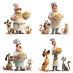 **4w an Italian cook wearing an apron and chef hat holding a bowl of pasta, a dog, and cat are lookimg wistfully at the pasta, 3d cartoon illustration against white background** - <@1093173312164745367> (fast)