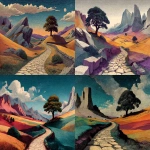 **a dolomite country engraving landscape, a stone path winding through a valley of towering karst hilltops, a solitary oak stands in the distance, rendered in abstract linealism, with etched hatching, vibrant palette, strong visual flow --ar 7:5 --s 400 --v 7.0 --draft** - <@1086927454209314856> (fast)