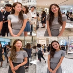 **a photograph of an extremely attractive asian woman with long hair, wearing a gray t-shirt and skirt in the dior store at the shibuya hikarie luxury mall. she is smiling sweetly while holding her hands behind her back, and there are other people around her. the shot captures her from head to toe, and she has delicate features, resembling the style of a k-pop idol. --ar 37:45 --v 7.0 --p uhaa3kn** - <@1259439584010309703> (fast, stealth)