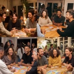 **candid photograph of four adults sitting around a table playing a very spirited game of UNO during an in-home game night. The four people are of diverse ethnicities and in their 30s. In the background you can see other people. --v 7.0** - <@1061750239708577893> (fast)