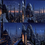 **70s color 35mm sci-fi movie screenshot, cityscape designed by HR Giger, late at night, few bright stars, VHS stillgrab, 80s quality, --sref <https://s.mj.run/H3PaoeFrN8Q> --ar 16:9 --s 250** - <@743405100755845202> (fast)