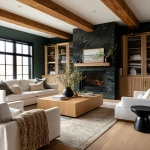 **editorial photo of a cozy moody living room with ribbed glass-fronted and oak ribbed shaker cabinetry with brass sleek cylindrical handles, an exotic forest green granite fireplace with bold veins, white modern sofa and accent chairs, large ribbed oak coffee table, beige knitted throw blankets and throw pillows, black ribbed round end tables, Natural oak plank flooring with a traditional light green rug, oak ceiling beams. ARRIFLEX 35 BL camera, high definition quality, Canon K35 Prime Lens, bright and airy --ar 4:5 --raw** - Image #1 <@1230559318680670299>