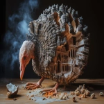 **a turkey made of Vijayanagara architecture on my dinner table, shocked incredulous stares from my family, stunning, vintage, surreal --chaos 35 --ar 3:2 --personalize c77lmw2 --stylize 350 --v 6.1** - Upscaled (Subtle) by <@246480551605698561> (relaxed)