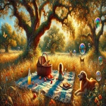 “A Golden Moment in Time”
A sunlit meadow bathed in golden hues sets the stage for a perfect summer day. A child sits amidst a cozy picnic, blowing iridescent bubbles that float gently through the warm air. Scattered apples, vibrant wildflowers, and a loyal dog resting nearby add to the charm. The arching trees frame the scene, while sunlight filters through their leaves, casting a magical glow. This piece captures the innocence of childhood, the beauty of nature, and the joy found in life’s simplest moments—a timeless memory frozen in golden light.