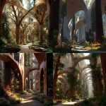 **round futuristic Venetian towers, structural vibes from an alien planet, mixed into a monolithic forest of redwoods that look like cathedral columns, paths wander into the vibrant secret gardens, sun cast through** - <@1182158818818400348> (fast)