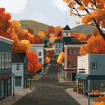 **simple flat illustration of a of a small town in the fall. With a street going down little shops. Same vibes as Gilmore Girls. some pumpkins in the background. Bright fall colours --v 7.0** - Upscaled by <@1183849741679861822> (fast)