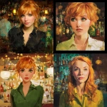 **a painted portrait of a woman with strawberry blonde hair and green eyes. She is smart and witty but a little naive. The background is of a bar or club. --v 7.0** - <@705576913632100503> (fast)