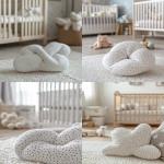 **Close-up on a knot cushion with dots pattern lying on a white rug. Blurred baby room in the background. Real photo hyper realistic --ar 3:4** - <@1134564384883093594> (relaxed)