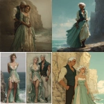 **a fantasy white girl with tanned olive skin and curls in dirty blond hair to her waist. She wears a tea length dress in soft sea foam green with cream color accents. She stands before a tall cliff by the sea and looks like a model. She should look drawn by an artist like oil paint and perfect. It should be very fantasy pirate inspired. The tall muscular man who stands beside her wears a dark green vest and a billowy shirt. His skin is pale and his hair is silver and short but styled handsome and very sharply. Pick a better style of art to draw it in.** - <@1409384572613034007> (fast)