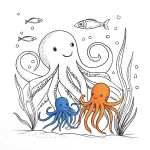 **a vibrant cartoon image of a family of octopuses swimming around in the ocean. One of the smaller octopuses is blue, the rest are orange. --no people, --sref 3173207666 --s 250** - Image #3 <@1097991841179254824>
