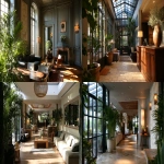 **éception d'hôtel de luxe sur la côte ouest de la France, style contemporain et élégant, matériaux nobles : bois, pierre et verre, lumière naturelle abondante, décoration raffinée et sobre, plantes et touches de verdure, ambiance accueillante et sophistiquée, rendu réaliste et photographique haute définition --ar 16:9 --v 7.0 --raw** - <@1383082029771522126> (relaxed)