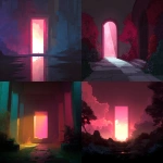 **The scene design features a door on each side of the picture. The leftmost part of the picture is a giant glowing door with a pinkish hue, bright and luminous. The rightmost part is the entrance to the realm of the afterlife, with a dark red and gloomy tone. The middle part of the picture has a natural transition of light and shadow. The left side is low-saturated, bright and dreamy, while the right side is high-saturated and dark. The two sides have an extreme contrast in style. The color blocks are the main feature, and the style of the picture is inspired by the game 'Sky'. The aspect ratio is 16:9, and the perspective is from the side.** - <@1071018617338089545> (fast)