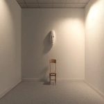 **A simple room with a carpeted floor, plain cream-colored walls, and a grey ceiling. In the middle of the room, there is an empty wall on which sits a small wooden chair. Hanging on that same wall is a white mask. The only light source comes from one side, giving the room a minimalistic, virtual reality-style appearance. --ar 64:31** - Image #3 <@538736737350975538>