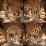 **A perfume exhibition of 6 brands, in a lattice structure of curved ceilling walls, a central light display, one brand is about sweets, one is about wood, one is about florals, one is about old letters, one is about arabic architecture, one is about a scent lab, one is about sleek sernity, how to display all of these in a buisness to buisness eye catching exhibition effect, white colour and marble, warm lighting** - Variations (Strong) by <@738838021331484804> (fast)
-# Create, explore, and organize on [midjourney.com](<https://midjourney.com/imagine?from_discord=1>)