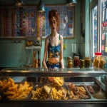 **English fish and chip shop, young attractive glistening woman wearing what might be considered a dangerous outfit to wear around hot oil; a mini skirt and cropped top. Scooping chips out of a vast fryer filled with oil, a glass display cabinet atop the fryers in front of her at chest height, with warm battered offerings contained: battered cod, piles of saveloy sausages, pies in aluminium foil dishes. On the counter top are Proper large salt and vinegar shakers , wooden forks and large jars of pickled onions and pickled eggs. paper wrapping for the chips. colourful chip shop menu on a tiled wall behind her, epsilon aurigae constellation reflected on the menu and tiles retro futurism --ar 16:9 --raw** - Image #1 <@744210433703018499>
