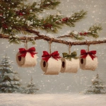 **oil painting, toilet paper rolls hanging from evergreen branches with red and green bows, snow falling in the background, vintage style, rustic farmhouse aesthetic, christmas-themed, soft lighting, neutral tones of beige, cream, and brown. --ar 67:89** - Image #4 <@755829658108297216>