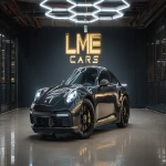 **a ultra realistic high quality photo of a porsche 911 inside a clean dark showroom with a hegagon light above the porsche reflecticting in its dark black paint standing infront of a wall with the text "LME CARS" in gold --ar 16:9** - Image #3 <@1044962652931248128>
