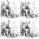 **black and white line art of a medeival court jester sitting on a king/s throne in the pose of rodin/s the thinker. The jester is wearing a jesterhat with three bulbous protrusions with bells on the tips. there is an old german shepherd dog lying down at the jester's feet laying down with its head on on a stone floor. the throne is in a castle room with stone walls that are beginning to decompose. --v 7.0** - Variations (Region) by <@897244946770296893> (fast)