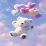 **fluffy white teddy bear flying with pastel heart-shaped balloons, soft fur texture, dreamy sky background, oil painting style, soft brushstrokes, whimsical and cute, pastel colors, highly detailed, fantasy illustration --ar 3:4 --v 7.0** - Image #1 <@1260560390853754923>