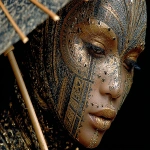 **black light elegant creative carnival deviant art, face, beautiful brown eyes, golden skin, parasol, black background --s 750 --ar 4:3** - Image #4 <@1128543579556565043>