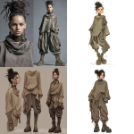 **barnsley fern In the style of Brian Froud ; the Dwarf has dark hair pulled into a high, neat bun, with loose strands softly framing the face. They wear oversized, draped tops in muted earth tones that hang loosely over wide, gathered pants. chokers, and large hoop earrings add bold visual detail to the look. Heavy platform boots ground the outfit with a solid, utilitarian feel.** - <@1018138887199129620> (fast)