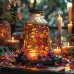 **A glowing glass mason jar filled with golden herbal oil, rose petals, and damiana leaves floating inside, sitting on a wooden altar with candles and crystals, soft warm light, mystical herbal apothecary atmosphere, highly detailed, ethereal and radiant --v 6.0 --s 750** - Image #3 <@1090630909448949831>
