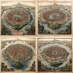 **a 15th century, illustrated map of a renaissance, coastal, walled city-state of islands with canals, in a large, subtropical harbor at the foot of a Vesuvian volcano. The map shows a giant frog under the lagoon. Engraving in sienna on cream-colored paper with red highlights.** - Variations (Strong) by <@470028338816090113> (fast)