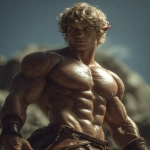 **Realistic 3d rendering. Full body portrait of ruggedly handsome, Hyper muscular handsome elf, bright silver eyes, short curly blonde hair, short pointed ears, defined muscles, pronounced features, hyper muscular, wide Grecian nose, strong square jaw, defined cheek bones, masculine features, freckles. Bodybuilder. wearing a tight short leather skirt. His oiled skin glistens under intense studio lighting. A strong camera flash highlights the shine on his muscles, creating bright reflections on his body, arms, and thighs. Retro fitness photography style, slightly exaggerated lighting contrast, 90s magazine aesthetic, center-framed, studio portrait shot. Standing and posing in a sunny rocky field. --ar 5:6 --v 7.0** - Image #2 <@1222981214734913607>