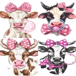 **a cute cow face with a big pink polka-dot bow, blowing a bubblegum bubble, squinting one eye, white background, cartoon style, pop art, high detail, symmetrical --v 6.0 --ar 2:3** - <@1221876511502504019> (fast)
