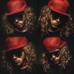 **caucasian male rapper with long brown curly hair wearing a red cap on his head tilted downward and wearing black sunglasses album cover** - Variations (Strong) by <@1097455990200340520> (fast)