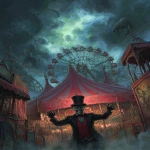 **<https://s.mj.run/prtaYJlQqPI> match this picture and add a carnival ring master wearing a red vest and black suit with no face under his black top hat is welcoming you with his right arm to the creepy weird Lovecraftian carnival filling the background, there are NO people in this picture, as a front page art piece painting, --ar 8:11 --v 7.0** - Image #4 <@1035886146422583346>