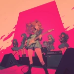 **japanses manga girls band reptilian 80s hair band wearing school dress background is stage with 80s feeling --niji 6** - Image #4 <@919678712226648134>
