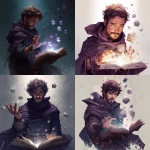 **a d&d character portrait depicting a young man with short brown curly hair, with realy short beard and brown eyes, wearing a dark purple cloak. he is throwing dice into the air from an open book he is holding, and his hands are glowing white as he casts magic. floating d20s surround him, in a fantasy art style painting. --ar 1:1** - <@568579821861339137> (fast)