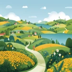 **an illustration of the countryside with rolling hills, small houses, and fields in a cartoon style for kids. the landscape includes green grasslands, winding paths leading to lakes or rivers, trees with leaves, and yellow flowers on both sides of the road. the background is a blue sky without clouds. in the foreground, there is one child character wearing a red hat playing at the edge of the field. use flat colors like light brown, dark gray, pale pink, mint green, and orange. avoid using shadows or gradients. this is an isolated element vector design. --ar 128:93** - Image #2 <@887290959732305930>