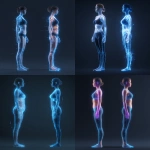 **front and side view of a realistic full-body 3D scan of a woman with BMI 25, natural body proportions, slight belly and thighs volume, neutral standing pose with arms relaxed, medical scan style, holographic wireframe with anatomical accuracy, realistic body mass, minimal stylization, glowing blue digital lines, dark seamless background, professional 3D render, scientific visualization, commercial reference** - <@1203000771008921600> (fast)