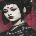 **eerie painting with a color scheme of monochromatic black and white with a pop of Color. The painting uses cross-hatching and palette knife techniques, inspired by analog horror, grunge Polaroids, ukiyo-e and retro Japanese horror. The mood is mysterious and unsettling --exp 50 --stylize 1000 --p djcuvnt --ar 4:5 --v 7.0** - Image #3 <@948741381743083580>