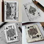 **weathered and vintage playing card, point of view straight down, pencil sket, realism** - <@1202707032818458747> (fast)