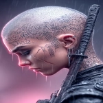 **orc woman, fangs, in the heavy hard rain, tempest, lightining, incandescent katana, tattooed head, super vitreous blank white eyes like empty blind eyes, editorial illustration of a young cyberpunk Asian girl warrior, punk hair cut half bald, from the underground cluber Tokyo drift club subculture, dendrokinetic Gang tattoo, blurred makeup, angry, kanji, --ar 3:5 --raw --p f6gpn1a sw3hfp8 --stylize 750 --v 7.0** - Image #4 <@1054482006731395092>