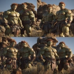 **Realistic 3d rendering. Full body portrait of two characters. ruggedly handsome, Hyper muscular handsome twin green skinned orcs, bright silver eyes, short curly redred hair, short pointed ears, defined muscles, pronounced features, hyper muscular, wide Grecian nose, strong square jaw, defined cheek bones, masculine features, freckles. Bodybuilder. wearing a tight short leather skirt. His oiled skin glistens under intense studio lighting. A strong camera flash highlights the shine on his muscles, creating bright reflections on his body, arms, and thighs. Retro fitness photography style, slightly exaggerated lighting contrast, 90s magazine aesthetic, center-framed, studio portrait shot. Standing and posing in a sunny rocky field. --ar 5:6 --v 7.0** - Variations (Strong) by <@1222981214734913607> (relaxed)