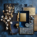 **materials board for modern art deco interior design with sapphire blue velvet, black wood, gold metal, tile, silk, wall paint, dried plant** - Image #1 <@961789810715009054>