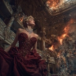 **Celebrated opera singer clutching moonstone brooch on her burgundy silk gown as the Vienna opera house erupts in flames around her, golden tears streaking her powder-white stage makeup while she continues her final aria despite the roaring inferno consuming the ornate bronze balconies above, massive crystal chandeliers crashing down in explosions of glittering glass while her voice soars over the pandemonium of panicking aristocrats, her emerald velvet cape billowing in supernatural winds as she channels decades of passion into this ultimate performance, carved ivory pillars cracking and splintering while orange firelight dances across Art Nouveau murals of dancing nymphs, the moonstone at her throat pulsing with ethereal silver light that seems to hold back the advancing flames, her elaborate copper hair ornaments catching the chaotic interplay of shadow and blazing illumination as century-old tapestries turn to ash, delicate mother-of-pearl opera glasses scattered across marble floors now slick with champagne and fear, the singer's defiant stance on the collapsing mahogany stage as she delivers her crescendo to an audience of fleeing shadows, her final note echoing through smoke and ruin as the moonstone brooch blazes like a fallen star against the apocalyptic grandeur of burning art and dying dreams --v 7.0** - Image #1 <@1284320694003433522>