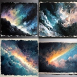 **atmospheric dry pastel on dark tinted pastel paper, a Nordic god summoning lightning in a thundersnow storm, driving snow, negative space, broad strokes and patches of colour, bright highlights, ragged border, minimal detail, continuous flow --ar 7:5 --stylize 300 --v 7.0 --draft** - <@1086927454209314856> (relaxed)