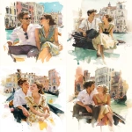 **a fashion illustration of a man in a white shirt and a woman in an elegant dress sitting in the back of a gondola in Venice, Italy. They're laughing, romantic atmosphere, watercolor technique, in the background the stunning architecture of Venice, colorful, light effects, perfect composition, dreamy mood. watercolor technique, vibrant colors. --ar 13:16** - <@1220684338807439425> (fast)