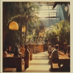 **Vintage Polaroid in the style of slim Aarons, but the decor and dress, of 2025. The interior of a clean modern liquor distillery with a lounge bar in Los Angeles with people casually dressed are sitting on benches, lit by skylights, and side windows, with palm trees overhead, drinking whiskey having fun dancing. Behind them is gigantic beautiful whiskey distillery. Nostalgia in the style of Provia. --ar 128:93 --v 6.1** - Image #1 <@1090364262091866152>