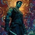 **comic book art / bold lines / full body portrait / of a rugged masculine male obsidian knight / swirling luminous particles / copious intricate multilayered details / background depicts dark complex kaleidoscopic patterns / full length view / paranormal / supernatural** - Image #2 <@1080572898269466724>