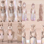 **A 3-view character turnaround of a cute anthropomorphic cartoon beaver, shown in front view, side view, and back view, fluffy and soft fur with rich texture, big expressive eyes, wide smile with visible teeth, rounded body, short limbs, large flat tail in back view, Disney Pixar animation style, warm and gentle lighting, consistent proportions, beige background with horizontal guide lines, clean and high-resolution illustration --v 6.0 --ar 16:9 --sref 4169240941** - <@568812885007007745> (fast)