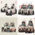 **a dnd style concept art of two feudal japan nuclear powered racing cars made from wood and iron that inspired by renault r4 rally racing cars style, have a glass tank with mini nuclear reaction on the roof, have different number in the body, same size but not identical, dark industrial scifi style, labeled as word fastest racing cars, white color and hi-viz red racing decals with small white hazard markings, mechanical details, Japanese characters graffiti on the body, realistic look, moody atmosphere, a little bit foggy, signal antennas, various size nobori, have japanese anime stickers and some big racing sponsors decals on the body, signal cabbles, on a white background in the style of Studio Ghibli and Makoto Shinkai, cel-shaded, full-body, cartoon, 2D game art --ar 11:5** - <@1043498067623686144> (fast)
-# Create, explore, and organize on [midjourney.com](<https://midjourney.com/imagine?from_discord=1>)