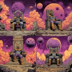 **scifi comic book style, futuristic king, sitting on a throne, purple crater plaent, colorful, full body, classic scifi, scifi comic book style** - Variations (Strong) by <@186377350642925568> (fast)