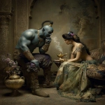 **A Congolese genie with blue grey skin talks to a beautiful dark haired woman. Shocked expression on the womans face, The muscular genie came out of the small golden lamp surrounded by magic multi-coloured smoke, inside the sultan's palace, explaining to beautiful, dark haired awestruck Laetitia that the extant wishes were obsolete. Arabic decor and furniture. A genie surrounded by magic multi-coloured smoke talks to a beautiful woman. sultan's palace, Djinn, provocative odalisque outfit, varnished canvas, chiaroscuro lighting --chaos 12 --sref <https://s.mj.run/lxbdDCVWOk0> --ar 4:5 --v 7.0 --sw 50 --no smoke near mouths** - Image #2 <@988364629556199494>